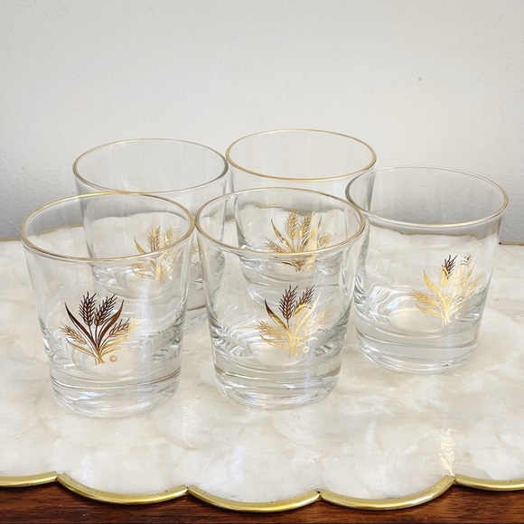 MCM Gilt Gold Trim Wheat Glass Tumblers Bar Cart Bar Drinking Glasses 3 1/4” - Picture 6 of 16